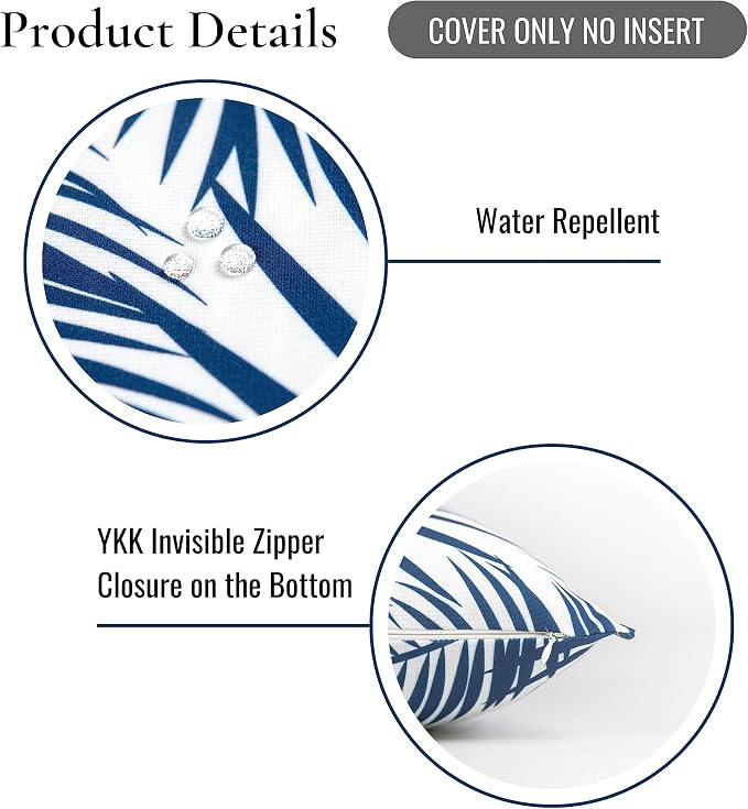Hofdeco Premium Coastal Hampton Style Patio Indoor Outdoor Lumbar Pillow Cover Only, 12"x20" Water Resistant for Backyard, Couch, Navy Blue Palm Leaf