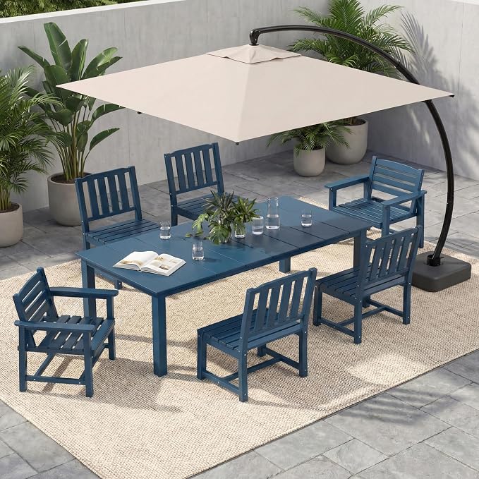 7-Pc Outdoor Dining Set, 10x10FT Cantilever Umbrella for 6,Navy Blue | HDPE table, chairs included, aluminum frame, weather-resistant furniture, perfect for yard, lawn, garden, deck