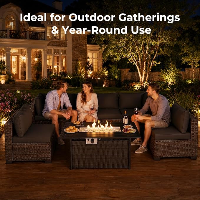 CHABATREE 8-Piece Wicker Patio Conversation Set with 44" Propane Fire Pit Table, Cozy Outdoor Sectional Sofa for Backyard Gatherings, Poolside Lounging & Garden Parties