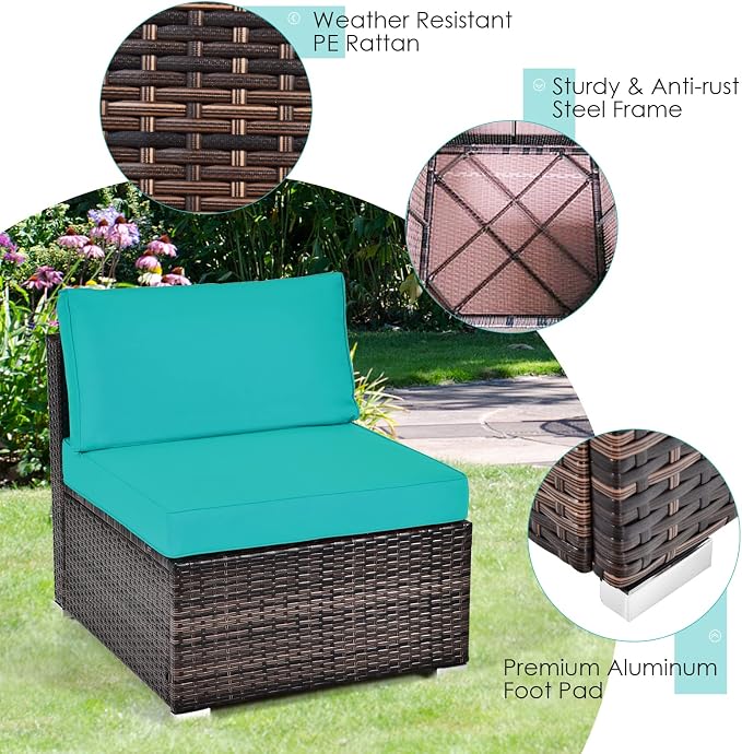DORTALA 6 Pieces Patio Furniture Set, Outdoor Wicker Conversation Set with Glass Coffee Table, Wicker Sofa Set with Back & Seat Cushions, Rattan Sectional Conversation Couch Set, Turquoise