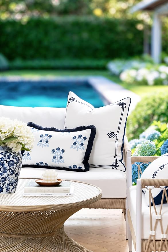 Hofdeco Premium Coastal Hampton Patio Indoor Outdoor Lumbar Pillow Cover Only, 12"x20" Water Repellent for Backyard, Couch, Poolside, Navy Blue Print Hydrangea Flowers