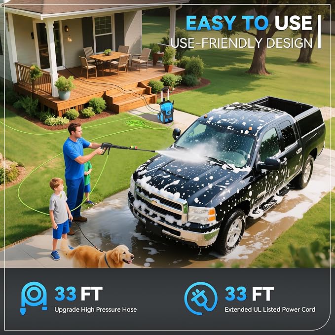 Pressure Washer 5000PSI, Heavy Duty Power Washer Electric Powered, with 4 Nozzles,Foam Cannon,33FT Hose and 500ml Soap Bottle,Car Wash Machine/Car/Driveway/Patio Clean,Light Blue