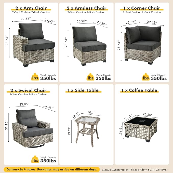 9 Pcs Outdoor Sectional Patio Furniture Set with Swivel Rocking Chairs - All Weather Wicker Modular Outside Sectional Couch,Patio Seating Outdoor Conversation Set for Deck Yard Garden,Black