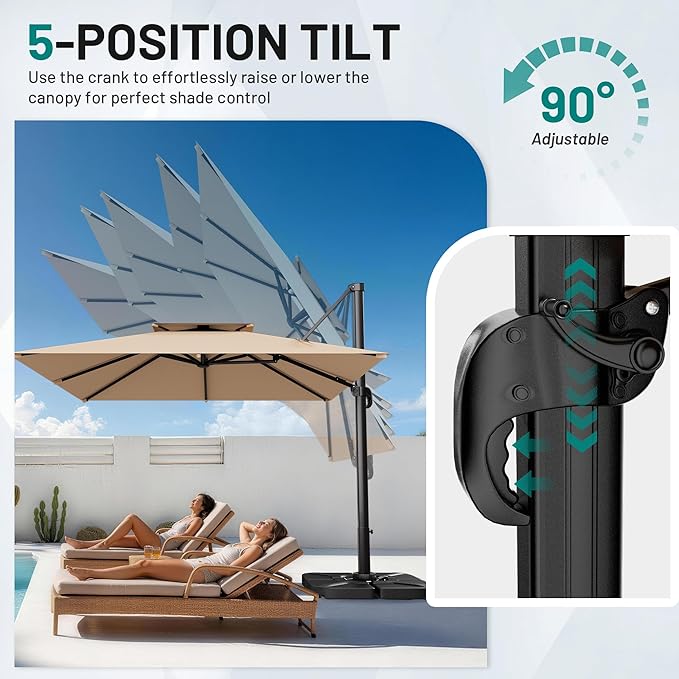 AreShark 9×9FT Double-Top Cantilever Patio Umbrella with Base Included, Square Offset Umbrella with 360 Degree Rotation, Heavy Duty Patio Umbrella for Garden Deck Pool, 5 Tilt Angles, Beige