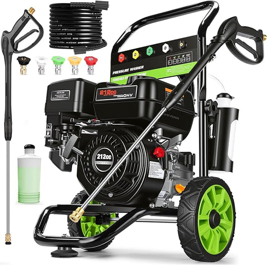Professional 4200PSI 4GPM 212CC Gas Pressure Washer, 7.0HP Commercial Gas Power Washer with 1L Foam Bottle 8" Wheels 5 Nozzles 25FT Hose for Cleaning for Home Car Yard (EPA/CARB/ETL Compliant), Black