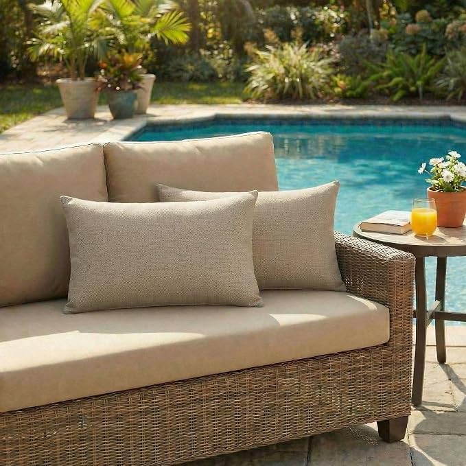 RSH DECOR: Sunbrella Lumbar Throw Pillows Set of 2 | 20" x 12" | Water and Fade-Resistant Performance Fabric | Outdoor Pillow Covers with Down-Alternative Inserts | Made in USA (Vesper Alpaca Stone)