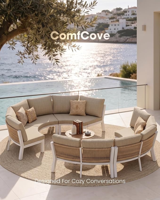 Patio Furniture Set, Aluminum Half-Moon Patio Conversation Sets, Luxury Curved Sofa with PE Rope, All-Weather 4 Piece Outdoor Sectional with Modular Coffee Table & Cushions, White