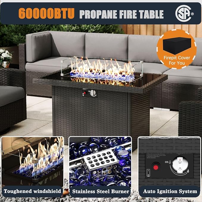 Patio Furniture Set with Fire Pit Table, 13 Pieces Outdoor All-Weather Wicker Conversation Sectional Chair Sofa Set with 4 Swivel Chairs