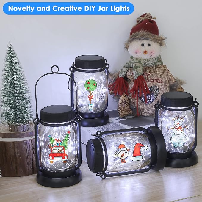 4 Pack Solar Mason Jar Hanging Lantern with Stakes, Cool White | Solar Fairy String Lights, Vintage Glass Lamp, Waterproof, Bright, for Indoor Outdoor Yard Patio Path Tree Xmas Decor