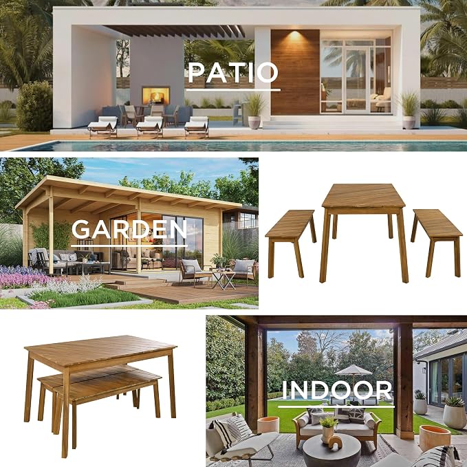 3 Pieces Acacia Wood Table Bench Dining Set for Outdoor & Indoor Furniture with 2 Benches, Picnic Beer Table for Patio, Porch, Garden, Poolside (Acacia Wood@231)