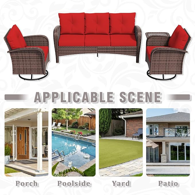 4 Piece Patio Conversation Set - 2 Swivel Chairs 1 Coffee Table 3-Seater Sofa, PE Wicker & Steel Patio Furniture with Heavy-Duty Steel Frame,Weatherproof Cushions, Red