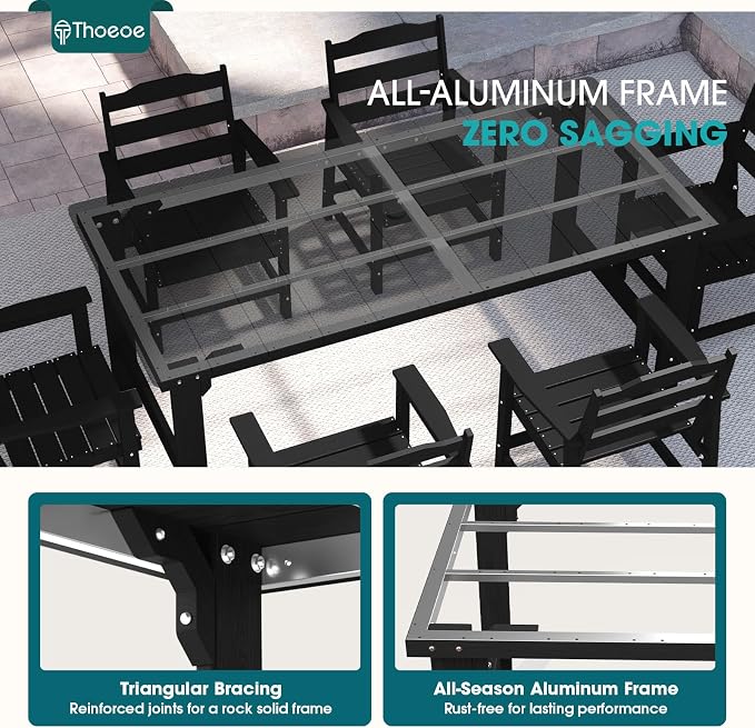 THOEOE 5 Piece Outdoor Dining Set, Patio Dining Table and 4 Chairs, All-Aluminum Frame, All-Weather HDPE Outdoor Furniture with Umbrella Hole for Garden, Lawn, Poolside, Black