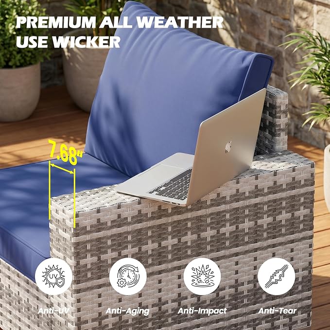 Vikiullf Patio Conversation Sets, Outdoor Furniture Set with Thick Cushions, Wicker Patio Sectional Sofas with Coffee Table for Backyard, Poolside, Garden (Grey & Blue, 7 Pieces)