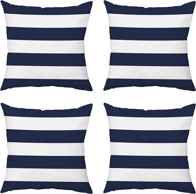 TAOSON Navy Blue Striped Outdoor Throw Pillow Covers 18x18 Inch,Set of 4 | White Striped Waterproof Decorative Cushion Cases for Patio, Garden, Balcony & Couch