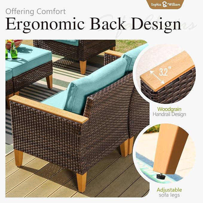 Sophia & William Patio Furniture Set with Fire Pit Table, 9 Piece Outdoor Wicker Furniture Sectional Sofa, Large Patio Rattan Conversation Set with Ottoman & 45" Fire Pit Table(Aqua Blue)