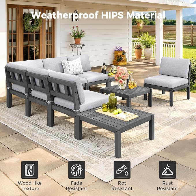 Outdoor Patio Chairs Set of 2, HIPS Modular Sectional Seatings & Thick Cushions– Side Interlock Easy to Connect, Weatherproof Patio Furniture Set for Backyard, Deck, Poolside (Grey)