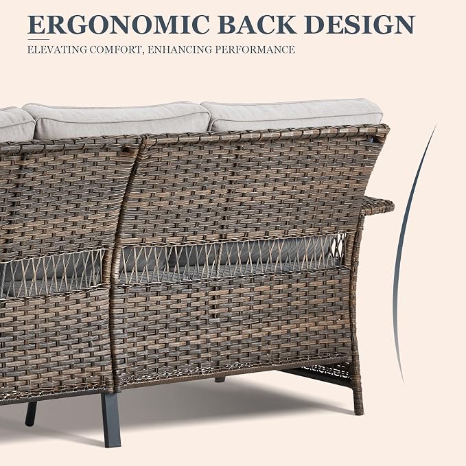 Patio Furniture Set 2 Wicker Patio Chairs 2 PE Rattan Ottomans with Beige Cushions Patio PE Rattan Sofa and Coffee Table Brown Wicker Patio Conversation Set 6pcs for Patio Backyard