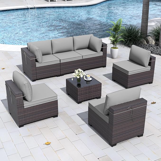Gotland 7 Pieces Patio Furniture Set with 4’’ Thick Cushions, All-Weather PE Rattan Patio Set with 29.5'' High Backrest, Outdoor Furniture with Coffee Table for Porch Deck Garden Grey