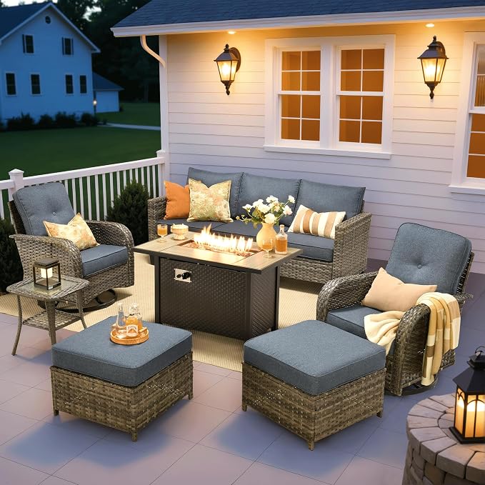 ovios 7 Pieces Patio Furniture Set, Outdoor Wicker Sofa Couch with Swivel Glider Chairs Fire Pit Table, Modern Deep Seat Rattan Conversation Sets for Deck Porch, Denim Blue