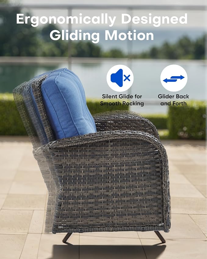 6 Pieces Patio Wicker Furniture Set-Outdoor Swivel Chairs Set of 2 Outdoor Glider Love seat with Outdoor Footstool Patio Furniture for Deck Porch Garden Balcony Poolside-Brown/Blue