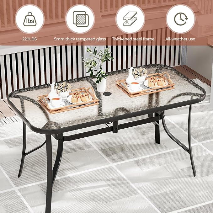 TLSUNNY Patio Dining Set for 6, Outdoor Table and Chairs W/1.69″ Umbrella Hole, 30"X 55" Table and Stackable Textilene Chair, All Weather Patio Furniture Set (Black Table & Navy Blue Chair)