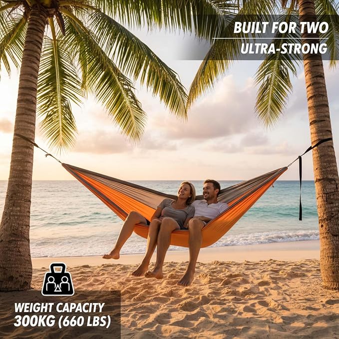 Double Hammock, Outdoor Hammock for Camping Hiking Backpacking, Portable Hammock with Carry Bag and Tree Straps, Hammock for Patio Beach Yard