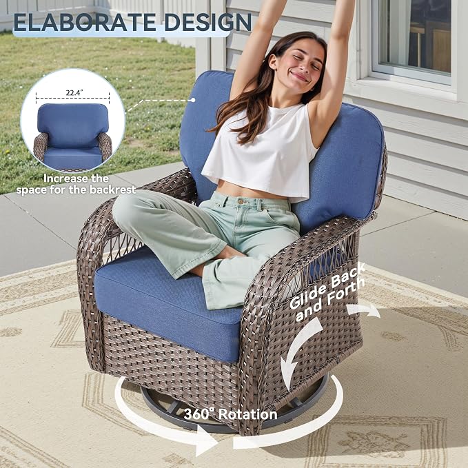 5 PCS Patio Furniture Set Outdoor Sectional Sofa Couch with Rocking Swivel Chairs 5" Deep Seat Chairs, Modern Wicker Rattan Conversation Set, Blue/Brown Wicker