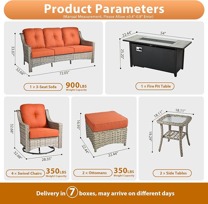 10 PCS Outdoor Patio Furniture Sets, Patio Conversation Sets Outside Rattan Soft Cushion Sofa with 4 Wicker Rocking Chairs & 54 in Fire Pit Table Fit Backyard Porch Garden Poolside Balcony,Orange Red