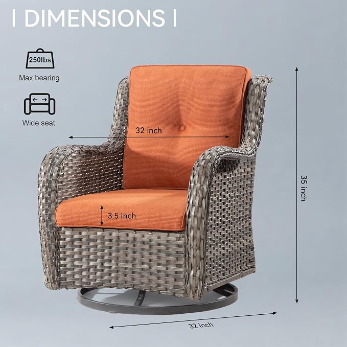 Outdoor Swivel Rocker Wicker Chair, High Back Patio Chairs Wicker Furniture, 1PC Rattan Swivel Rocking Chair with OIefin Cushions(Mixed Grey/Orange)
