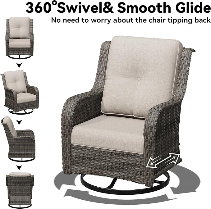 Outdoor Swivel Rocker Patio Chair - Outdoor Wicker Patio Furniture with Thickened Olefin Cushions, High Back and Deep Seating, Hand-Woven PE Rattan for Porch, Deck, Balcony, Beige