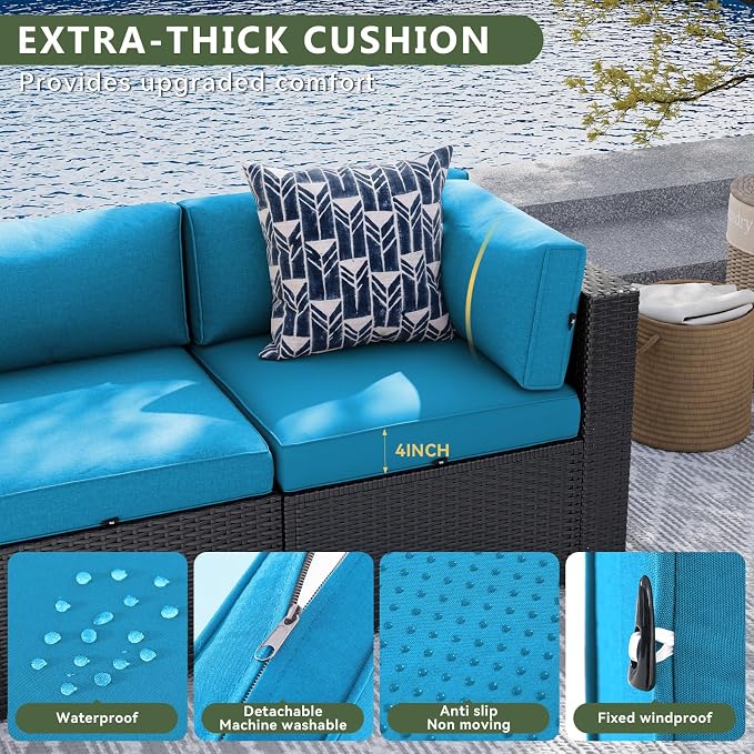Aoxun 7 Piece Patio Furniture Set, Wicker Rattan Patio Sectional Sofa, Outdoor Furniture Set with Thickened Cushion, Peacock Blue