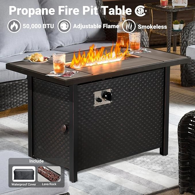 ovios 6-Pieces Patio Furniture Set with 42" Fire Pit Table, Outdoor Wicker Sofa Couch Ottomans Comfy Cushions, High Back Modern Conversation Set, Grey Rattan, Grey