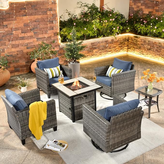 ovios 6 Pieces Patio Furniture Set, Outdoor Wicker Rattan Swivel Chairs with 30" Fire Pit Table, High Back Rocking Glider Chair Conversation Sets for Porch Deck, Denim Blue