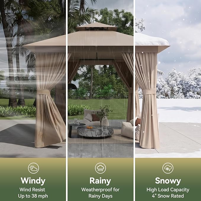 8'x8' Gazebo, Outdoor Gazebo Metal Frame Canopy with Double Roofs, Heavy Duty Patio Tent Shelter with Mosquito Netting and Privacy Screen for Backyard, Beige