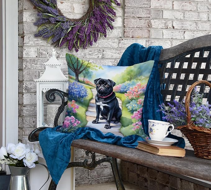 Caroline's Treasures Black Pug Spring Path Throw Pillow Machine Washable, Indoor Outdoor Decorative Pillow for Couch, Bed or Patio, 18Hx18W