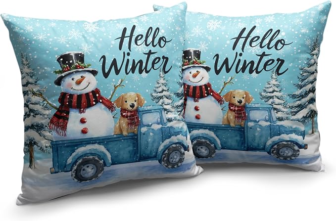 Blue Snowman Pillow Covers 20x20 Set of 2 Hello Winter Truck with Lovely Snowman Puppy Dog Throw Pillow Case Snowflakes Cushion Case for Holiday Decorations Couch Sofa