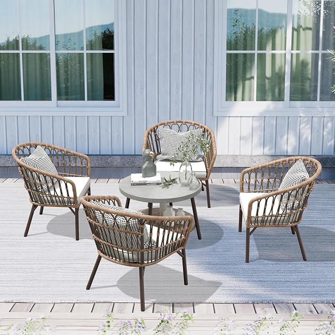 Grand patio 5-Piece Patio Conversation Sets with Cushion, Outdoor Bistro Set with Wicker Chairs & Round Table for Balcony, Patio, Deck, Tan