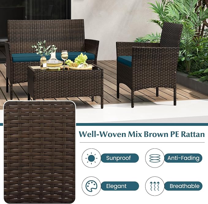 4 Piece Patio Furniture Set, Sectional Conversation Sofa Set with Glass Coffee Table, Cushions & Loveseat, Wicker Outdoor Table and Chairs for Pool, Garden, Deck, Backyard (2, Peacock Blue)