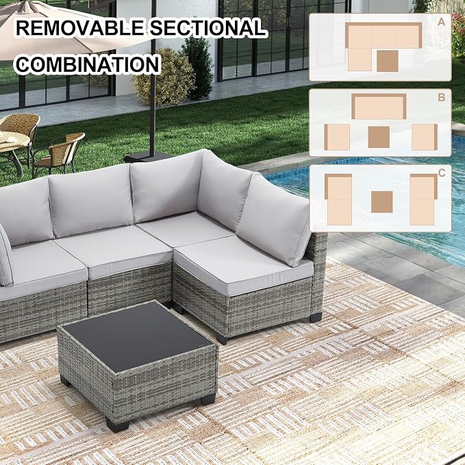 CANMOV 5 Pieces Patio Furniture Sets, All Weather Outdoor Patio Conversation Set, Wicker Rattan Sectional Sofa Couch with Glass Coffee Table, Washable Cushions for Backyard Garden, Porch, Light Grey