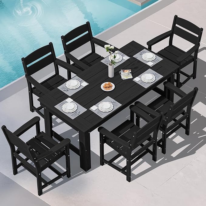 SERWALL HDPE Outdoor Dining Table and Chairs Set for 6 | with Oversized Chair Seat