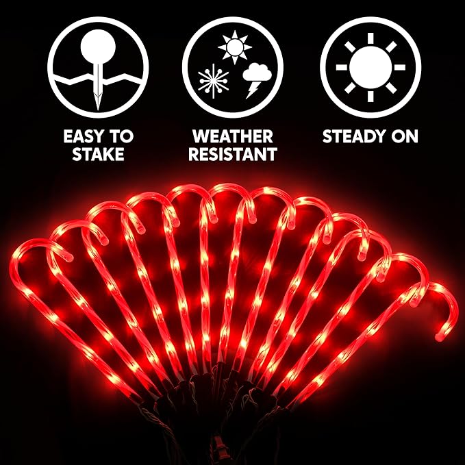 Joiedomi 12 Pcs Christmas Candy Cane Pathway Markers Lights, 17” Stakes Lights with Red, Waterproof Outdoor Decorations for Holiday Xmas Indoor,Yard, Walkway, Lawn, Garden Decor