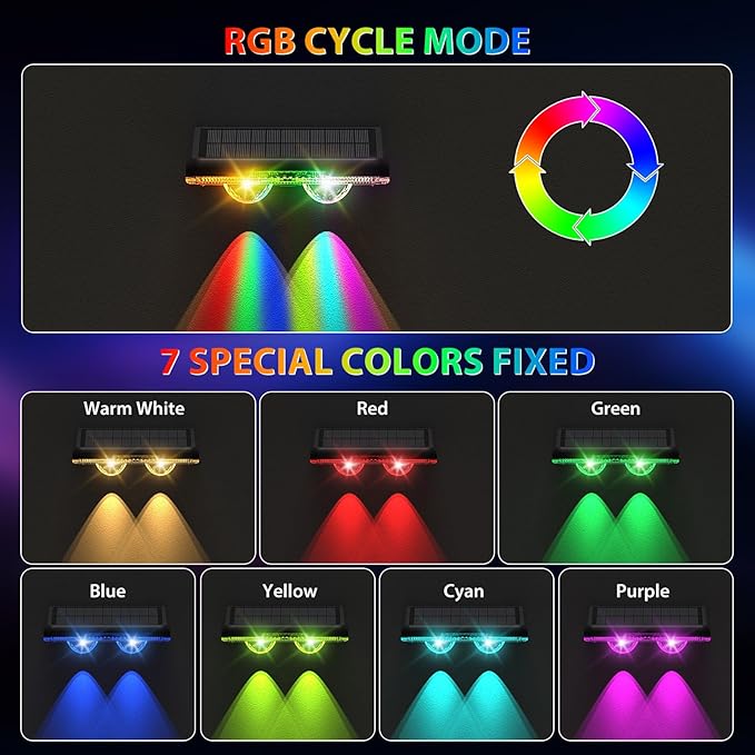 Solar Fence Lights Outdoor, 7 Fixed Colors ＆ Color Changing IP65 Waterproof Solar Powered Lights Outdoor for Backyard/Patio/Fence/Wall/Deck/Step/Porch/Railings/Pool (16pack)