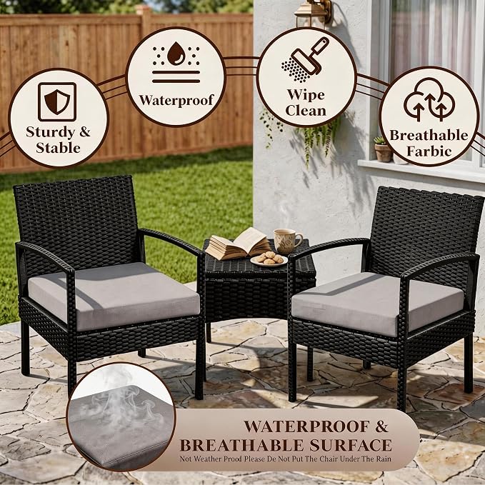 PROHIKER 3 PCS Patio Rattan Conversation Bistro Chairs Set, Outdoor Patio Furniture Wicker Bistro Set with Coffee Table for Garden Porch Balcony Yard Lawn, Gray
