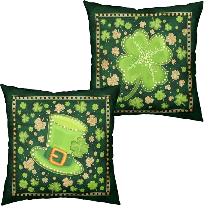 St Patricks Throw Pillow Covers Lucky Clover Hat Pillow Covers 20x20 Set of 2 Gold Green Shamrock Decorative Pillowcases Saint Patricks Day Decorations for Home Couch Bedroom