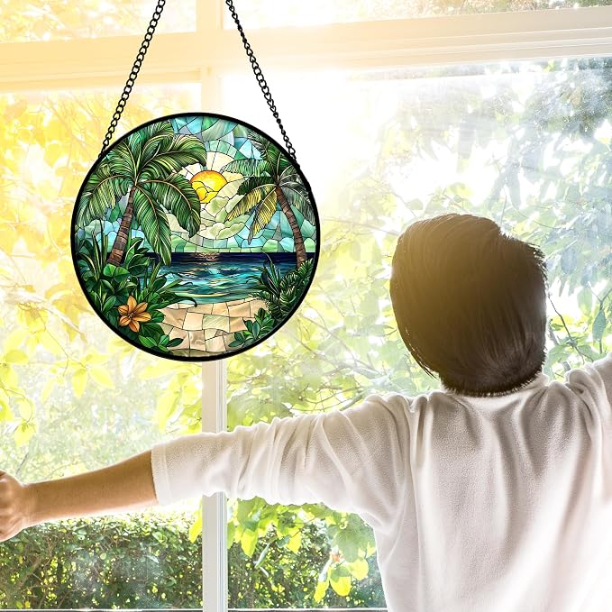 DASTOLL Stained Glass Window Hanging, Green Beach Scenery Suncatcher Diamond Glass Panel Hangings Sun Catchers Decor for Birthday for Women, Men, Wife, Aunt, and Mom 11.8x11.8 in