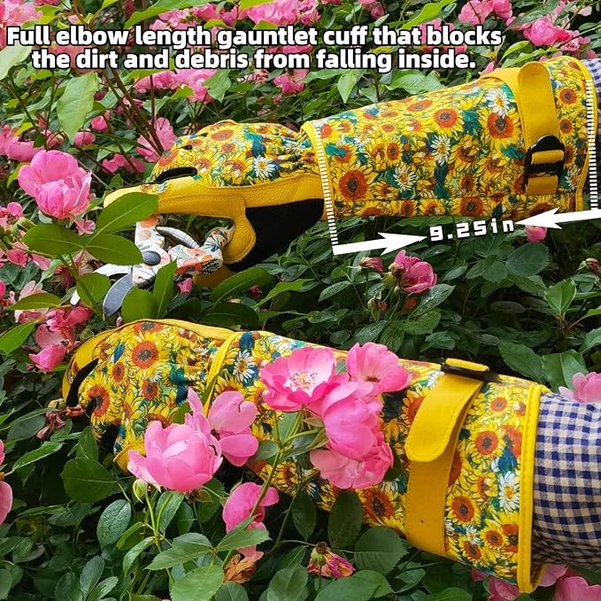 Thornproof Rose&Cactus Gardening Gloves,Gauntlet Garden Glove,Gifts | Canvas,Cute Floral Pattern,Leather Palm,Touchscreen,Durable Material,Garden Gift,Men&Women,Machine Washable,Adjustable Cuff