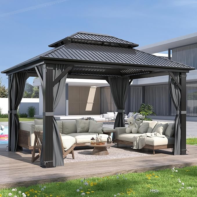 GARTOO 10'x12' Outdoor Hardtop Gazebo with Double Roof - Heavy-Duty Steel Top Aluminum Frame Gazebo with Breathable Netting & Privacy Curtain for Patio, Porch, Garden, Lawn, Deck, Backyard