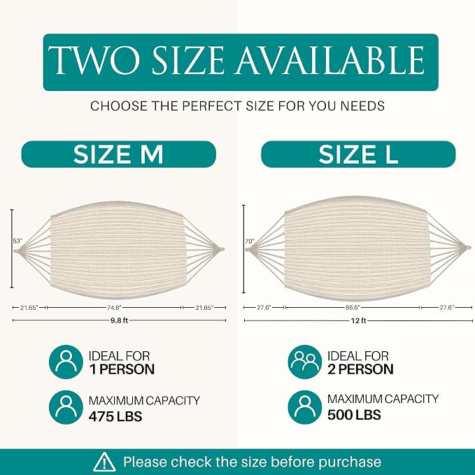 Double Hammock for 2 Person, 500 lbs Capacity – Handwoven Mexican Hammock, 100% Soft Cotton – 12 ft Mayan Hammock for Patio, Backyard, Indoor & Camping – Large, Beige