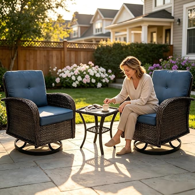 3 Piece Outdoor Swivel Rocker Patio Chairs, All-Weather Rattan Chair, Wicker Glider Patio Furniture Set with Side Table, for Garden, Backyard, Deck, Gray Rattan & Blue Cushions