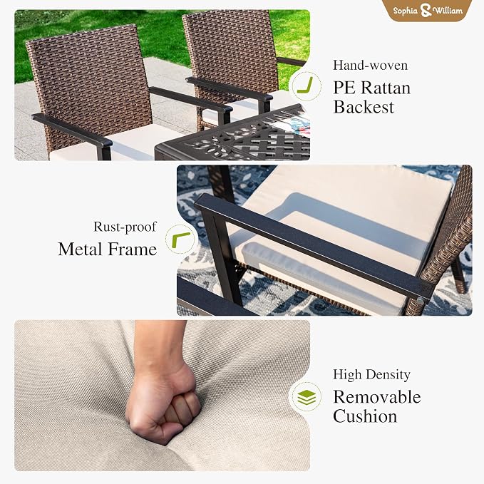Sophia & William 5 Pieces Round Patio Dining Set for 4, 42" Diam Round Outdoor Table with Umbrella Hole, 4 Rattan Chairs with Cushion, All Weather Patio Table and Chairs Set for Outside